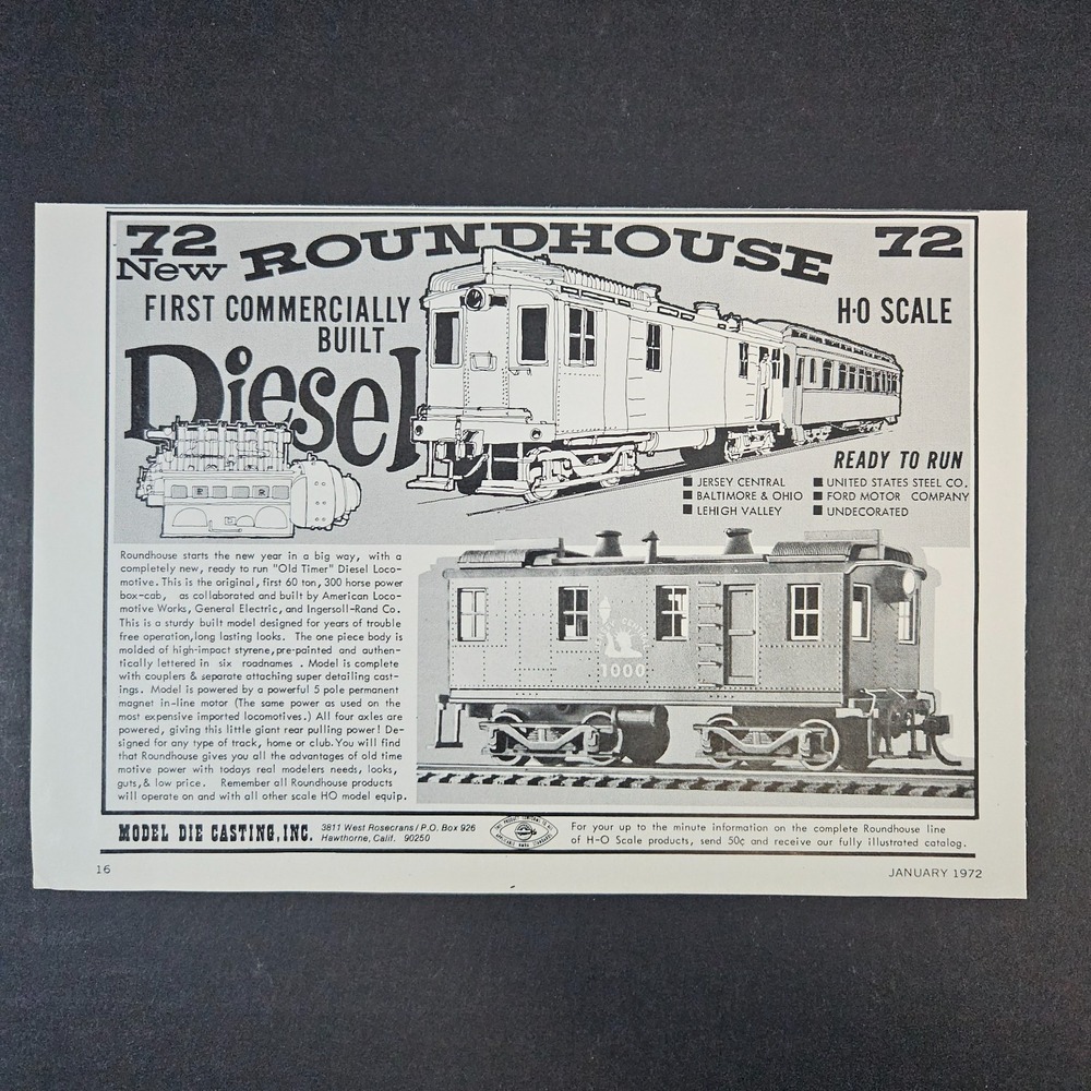 1972 Model Die Casting Roundhouse Diesel‎ Train Vintage Print Ad Hawthorne CA